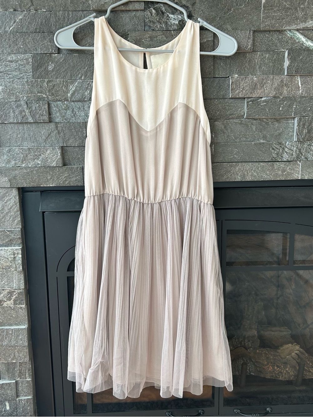 Lush Grey and Taupe Midi Dress with Tulle Overlay